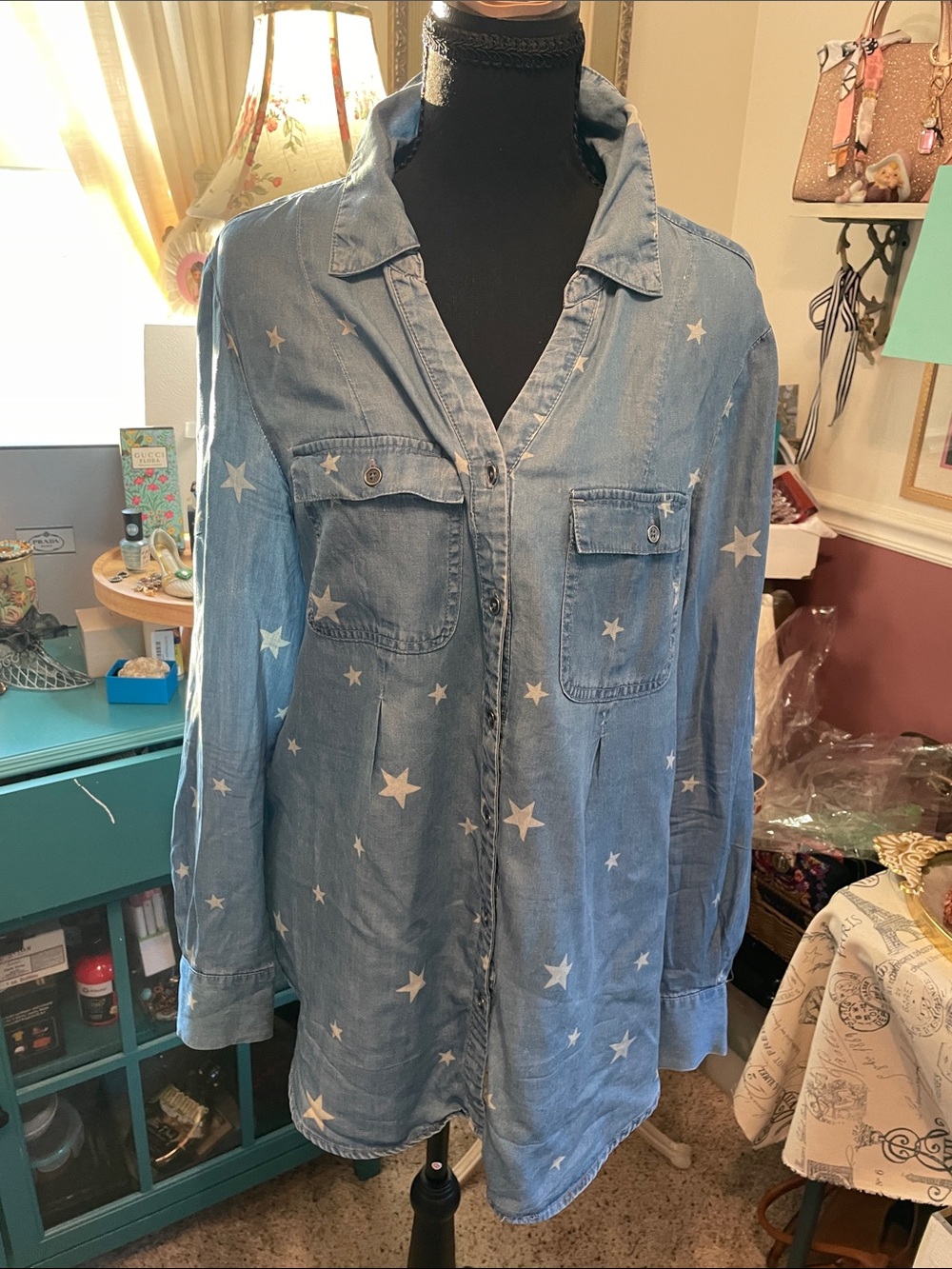 Star Print Denim Tunic Shirt - Light Blue Style & Co